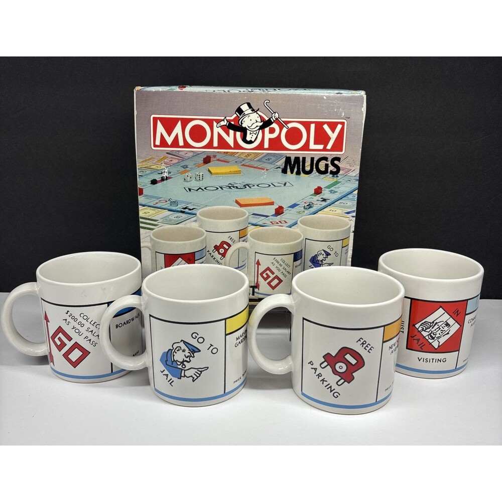 Vintage RARE Set Of 4 Monopoly Board Game Corners Mugs Collectible With Box